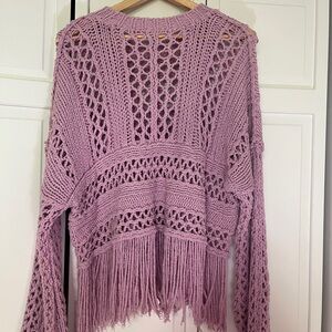 Free People Lavender Open-Knit Fringe Crewneck Sweater